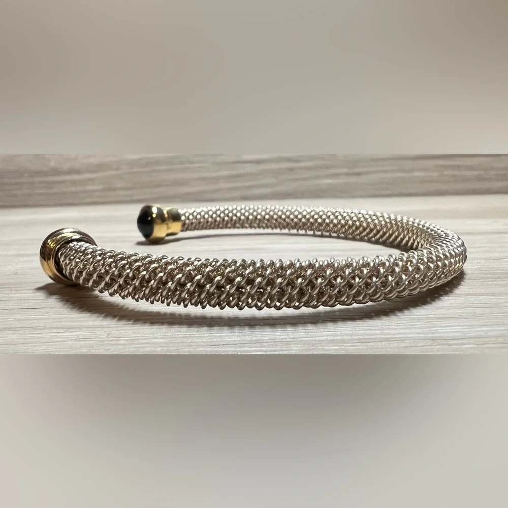Vintage Designer Sterling Silver & Gold Onyx Cabochon Tip Cuff Bracelet, 7" - Picture 4 of 10